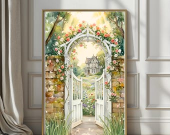 Whispering Victorian Garden Gate | Cottage Path, Fine Art Print, Peaceful Floral Archway, Restful Home Decor, Romantic Cottagecore Escape