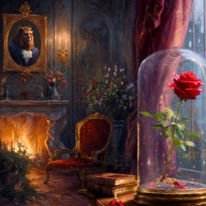 May include: A vibrant red rose encased in a clear glass dome with a gold base, positioned on a wooden surface. In the background, a dimly lit room features a fireplace, a red velvet chair, and a framed portrait of a beastly figure.