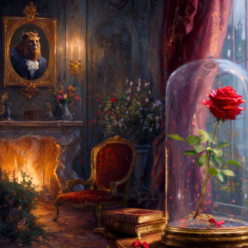 May include: A vibrant red rose encased in a clear glass dome with a gold base, positioned on a wooden surface. In the background, a dimly lit room features a fireplace, a red velvet chair, and a framed portrait of a beastly figure.