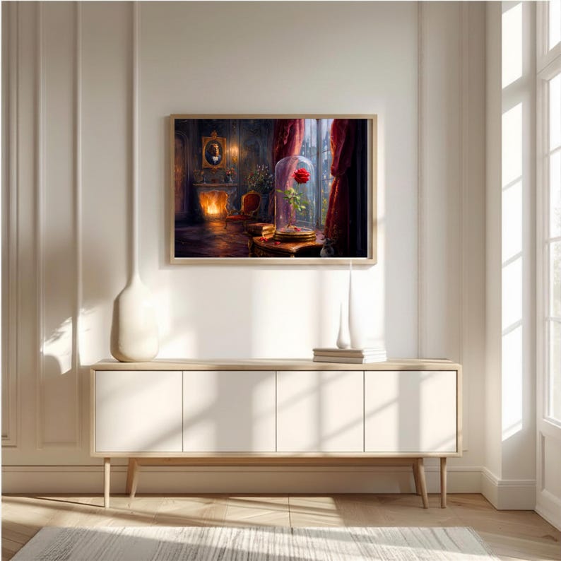May include: A framed wall art print depicting a red rose inside a glass cloche on a wooden table, set in a room with a fireplace, red curtains, and a portrait on the wall. The artwork features warm lighting and a detailed interior scene.