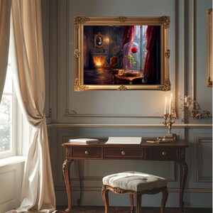 May include: A rectangular wall art piece in an ornate gold frame depicting a dark room with a fireplace, a red rose inside a glass cloche on a wooden table, and red curtains. The scene features warm firelight and deep blue wall tones.
