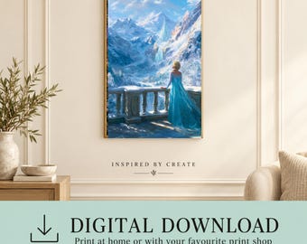 May include: A vertical wall art print featuring a figure in a long, flowing blue gown standing on a stone balcony, looking out over a vast, snow-covered mountain landscape with icy peaks under a bright, clear blue sky with soft clouds.