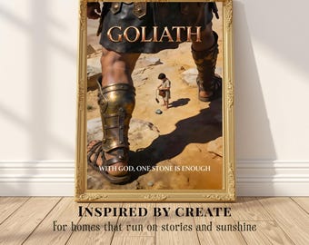 Goliath | David and Goliath Christian Wall Art, With God One Stone Is Enough, Biblical Faith Poster, Courage Scripture Decor