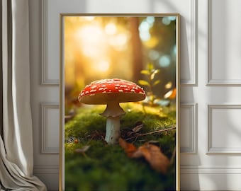 Sun-Kissed Forest Mushroom Wall Art | Fine Art Print, Nature Photography, Cottagecore Decor, Woodland Home Art, Calm Neutral Aesthetic