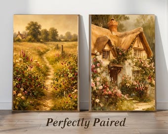 English Countryside Wall Art Set | Cottagecore Landscape Prints, Romantic Cottage Decor, Rustic Farmhouse Wall Art Pair