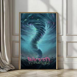 May include: A framed art print featuring a swirling tornado in shades of teal, blue, and purple. The word "WICKED" is displayed in a stylized font at the bottom of the image, with a gold frame.