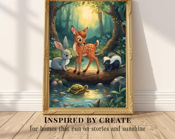 Woodland Wonder | Forest Friends Nursery Art, Storybook Deer Rabbit Skunk and Turtle Print, Baby Animal Kids Room Decor