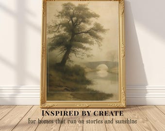 The Meeting Tree Print, Moody Spooky Tree Art, Dark Academic Landscape, Gothic River Bridge Oil Painting, Vintage Tales After Dark Print