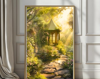 Sunlit Garden Sanctuary | Fine Art Print, Romantic Cottage Garden Path, Glowing Gazebo Landscape, Peaceful Nature Wall Decor