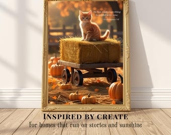 Fall Cat Faith Art Print, Autumn Feline Decor, Inspirational Wall Art, Cozy Seasonal Artwork, Christian Decor