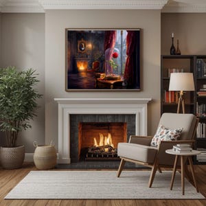 May include: A rectangular wall art print featuring a dark, moody interior scene with a single red rose encased in a glass dome on a table, a glowing fireplace, and red curtains, displayed in a frame above a white fireplace mantel.