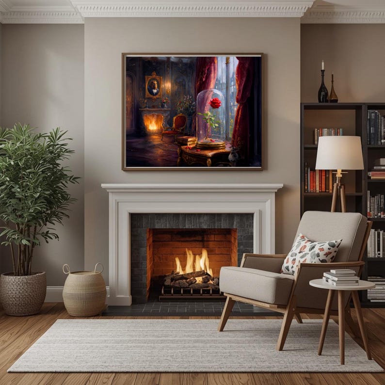 May include: A rectangular wall art print featuring a dark, moody interior scene with a single red rose encased in a glass dome on a table, a glowing fireplace, and red curtains, displayed in a frame above a white fireplace mantel.