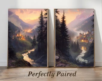 Black Forest Sister Villages Set | Romantic European Landscape Wall Art Pair, Moody Forest Valley Prints, Old World Escapes Decor