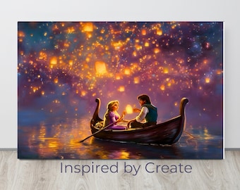 Lanterns for Two | Floating Lantern Canvas Wall Art, Romantic Fairytale Boat Scene, Magical Night Ready to Hang Decor