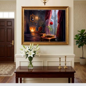 May include: A framed wall art print depicting a dark, ornate room with a fireplace, a portrait on the wall, and a single red rose enclosed in a glass cloche on a wooden table. The scene features deep red curtains and warm, glowing light.