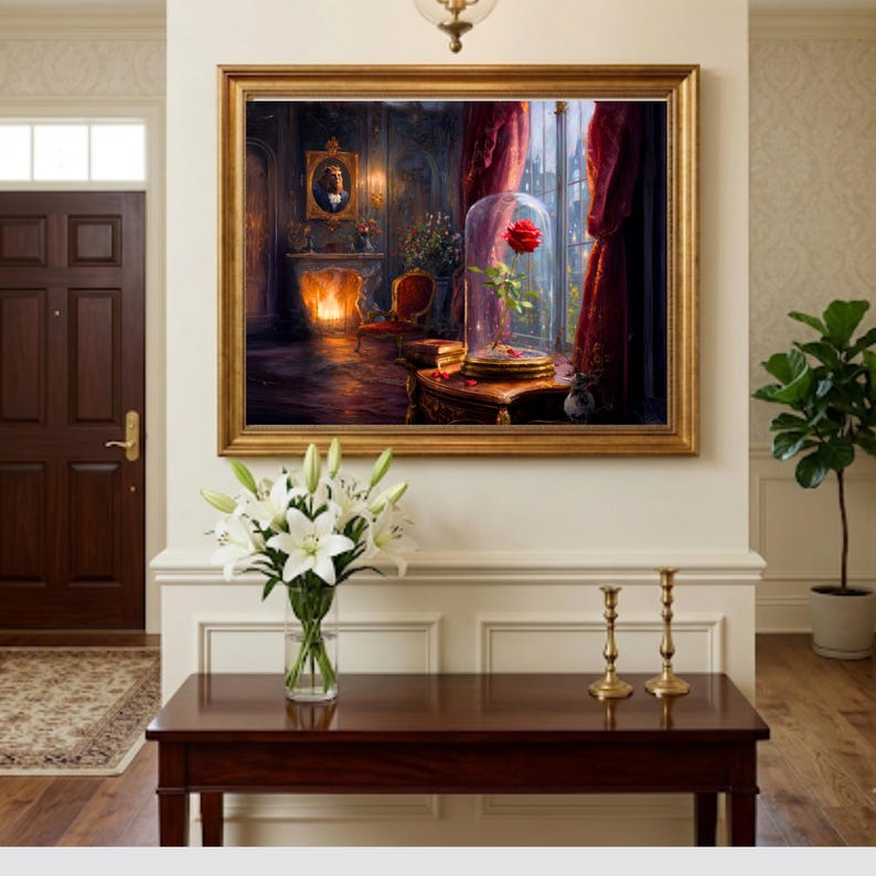 May include: A framed wall art print depicting a dark, ornate room with a fireplace, a portrait on the wall, and a single red rose enclosed in a glass cloche on a wooden table. The scene features deep red curtains and warm, glowing light.