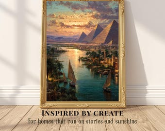 Pyramids of Giza Wall Art – Ancient Egypt Nile River Landscape Painting, Egyptian Pyramid Artwork, Historical Egypt Decor