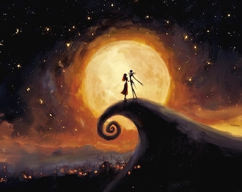 Gothic Skeleton Couple – Golden Night (Collector’s Edition II), Romantic Gothic Moon Art, Halloween Love Wall Decor,