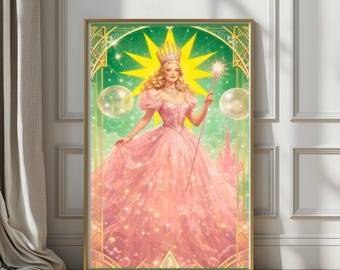 Good Witch Art Print, Pink Magical Princess Poster, Glinda Inspired Wall Decor, Fantasy Digital Download, Sparkle Witch Printable Art.