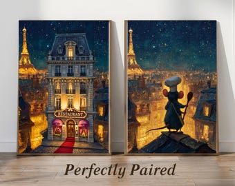 Perfectly Paired Paris Prints | Romantic Paris Wall Art Set, Little Chef & French Restaurant Decor, Cozy European Nightscape