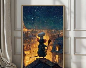 Little chef in Paris digital wall art print | instant download | kitchen decor | whimsical night cityscape (Digital Download)