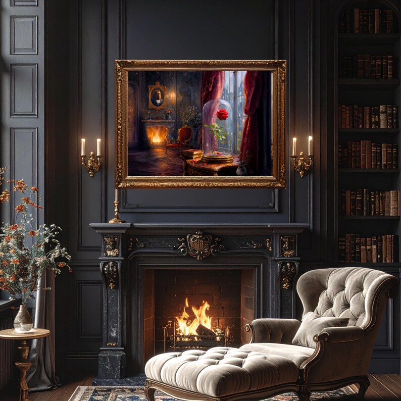 May include: A framed wall art print depicting a red rose inside a glass cloche, set on a table in a room with a fireplace, a portrait on the wall, and red curtains. The scene is rendered in a dark, moody interior style with warm lighting.
