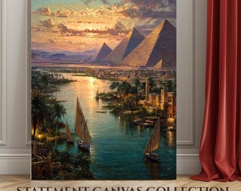 Pyramids Along the Nile | Statement Canvas Print, Golden Egyptian Landscape, Heirloom Style Wall Decor