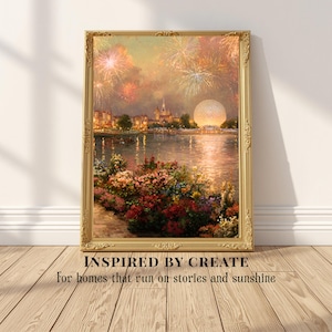 Affiche « Feux d'artifice au-dessus du lagon » – Inspirée des Nuits d'Epcot | Décoration murale magique inspirée de Disney | Affiche romantique pour une soirée onirique