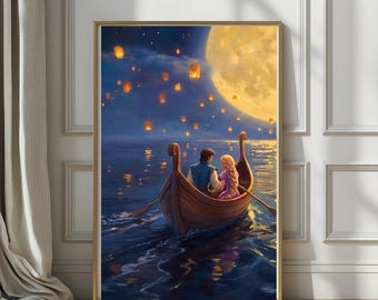 Luminous Moonlit Romance Boat| Beneath a Thusand Lanterns Art Print| Fairytale Lantern Sky Wall Art| Dreamy Fantasy Love Scene