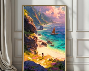 May include: A framed art print depicts a vibrant coastal scene. A small sailboat sails on turquoise waters, with a figure on a sandy beach. Lush green cliffs and a colorful sky complete the tropical landscape.