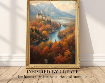 Autumn Castle Print | Fairytale Mountain Castle Wall Art | Storybook River & Bridge | Cozy Fall Cottage Decor | Fantasy Nature Painting