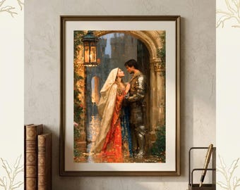 May include: A framed wall art print titled INSPIRED BY CREATE, depicting a person in a hooded cloak and a person in metal armor standing under a stone archway with a hanging lantern, illuminated by warm light in a rainy setting.
