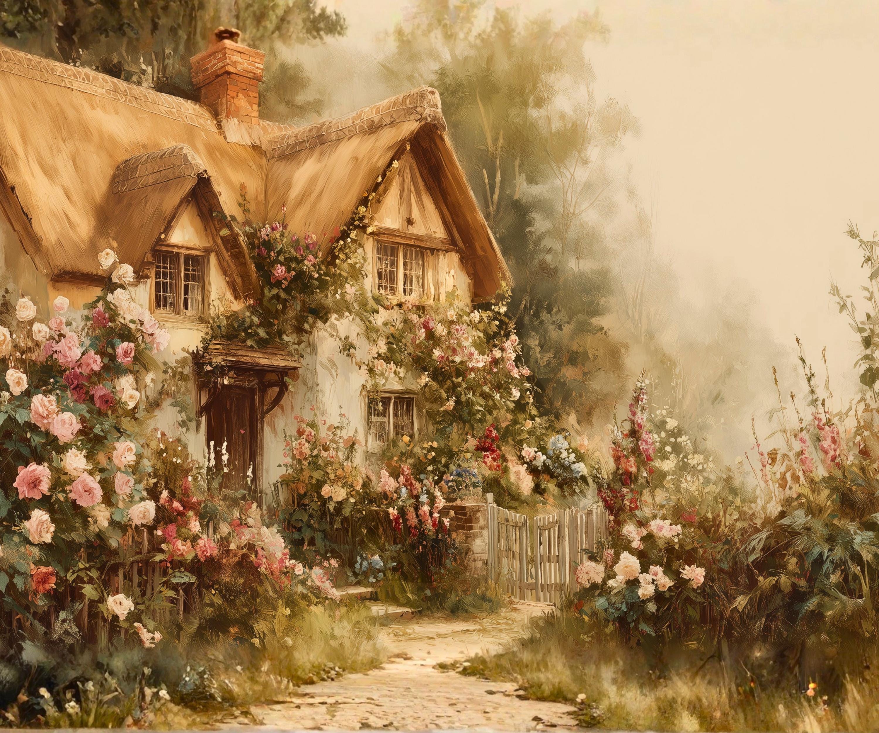 Rose Cottage Art Print, English Countryside Painting, Cottagecore Wall ...