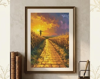 May include: A framed wall art print titled INSPIRED BY CREATE, featuring a yellow brick road leading through a cornfield toward a sunset with a silhouette of a scarecrow. The artwork displays warm orange, yellow, and purple sky tones.