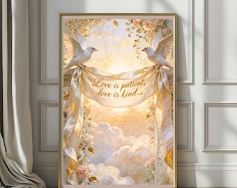Love Is Patient Love Is Kind | Romantic Christian Wall Art, Heirloom Scripture Print, Elegant Wedding Decor
