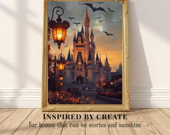 Halloween Cinderella Castle Wall Art, Autumn After Dark, Theme Park Inspired Print, Gothic Fairytale Decor, Cozy Autumn Artwork