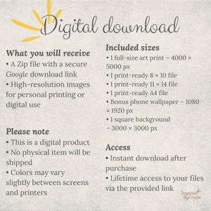 May include: Digital download graphic with text listing included sizes, access details, and what you will receive. The text is in a handwritten style font. The image includes a zip file, high-resolution images, and a bonus phone wallpaper.