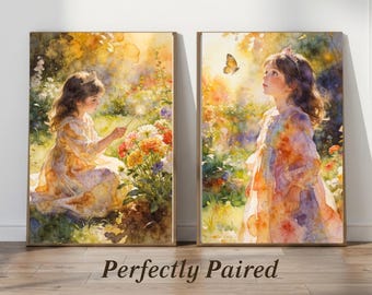 Whimsical Watercolor Nursery Wall Art Set | Storybook Girl Prints, Heirloom Floral Bedroom Decor, Cottagecore Children’s Art Pair