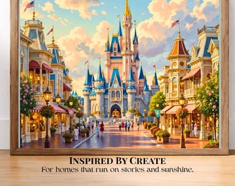 May include: A framed wall art print depicting a large, light pink castle with blue turrets at the end of a street lined with shops, street lamps, and American flags under a cloudy sky. Text below reads: INSPIRED BY CREATE For homes that run on stories and sunshine.