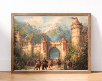 May include: A framed print of a medieval castle scene. The artwork depicts a stone castle with red banners, a large arched gate, and riders on horseback. Mountains and trees are in the background, with a blue sky.
