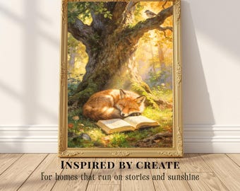 One More Chapter | Sleeping Fox Reading Art, Storybook Woodland Wall Decor, Cozy Forest Nursery Print, Literary Animal Poster