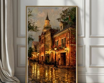Colonial America| Street at Dusk | Historic Town, Fine Art, Warm Lantern Light Village, Cozy Early America Decor
