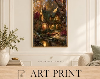 May include: A rectangular art print featuring a detailed illustration of a cottage nestled in a forest with warm glowing windows, a stone path, and a small stream. The text "INSPIRED BY CREATE" and "ART PRINT" is visible below the image.