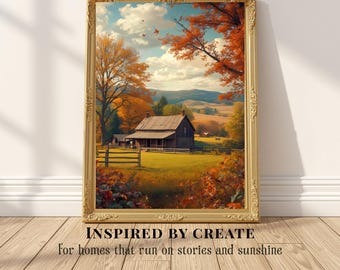 Autumn Farmstead | Cozy Fall Landscape Wall Art, Rustic Country Barn Print, Cottagecore Decor, Harvest Home Artwork,