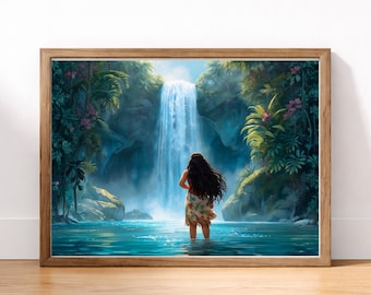 Tropical Waterfall Girl Wall Art | Fine Art Print, Ocean Spirit Adventure, Moana Inspired Nursery Decor, Girls Room Gift