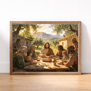 May include: A framed print depicting a religious scene with figures gathered around a wooden table. The artwork features warm tones, with a focus on the central figure and the surrounding individuals. The setting includes a landscape with buildings and trees.