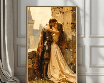 Medieval Romance Art Print | Knight and Maiden Wall Art, Forbidden Love Fantasy Decor, Vintage Fairytale Castle Painting