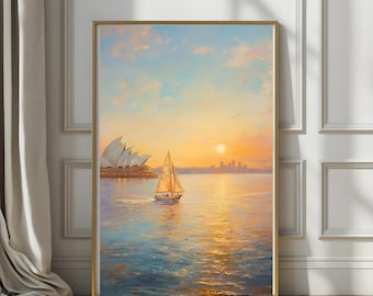 Sydney Opera Sunset Print, Sailboat Wall Art, Coastal Evening Painting, Sydney Harbor Scene, Australia Travel Art, Warm Light Decor
