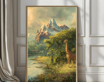 Beyond the Safari Trail | Animal Kingdom Inspired Landscape Art, Adventure Decor, Giraffe River Scene, Fantasy Theme Park, Nature Wall Art