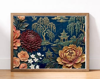 Vintage Garden Reverie Grandmillennial Chinoiserie Wall Art, Fine Art Print, Vintage Botanical Asian Landscape Decor, Blue Floral Luxury Art